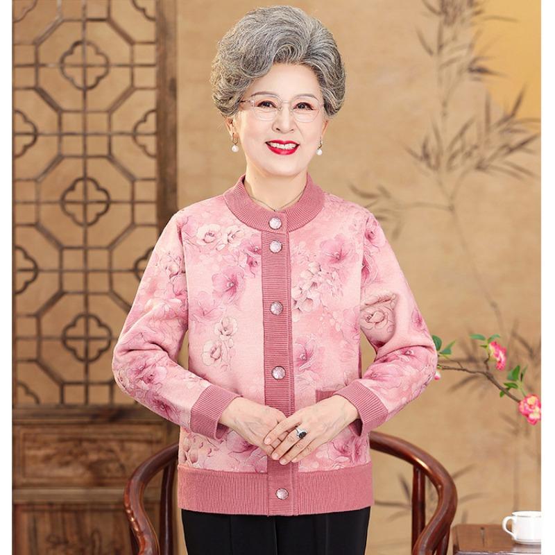 Autumn and Winter Knitted Sweater Women's Old Lady Coat Medium Old New Mother Grandma Pack Fleece Thickened Cardigan Sweater