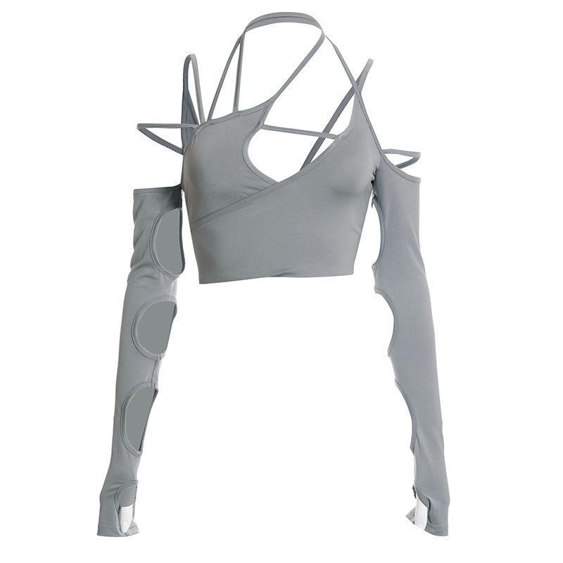 Европейский и американский летний новый женский однотонный женский топ с подтяжками и открытым пупком и открытыми рукавами сзади