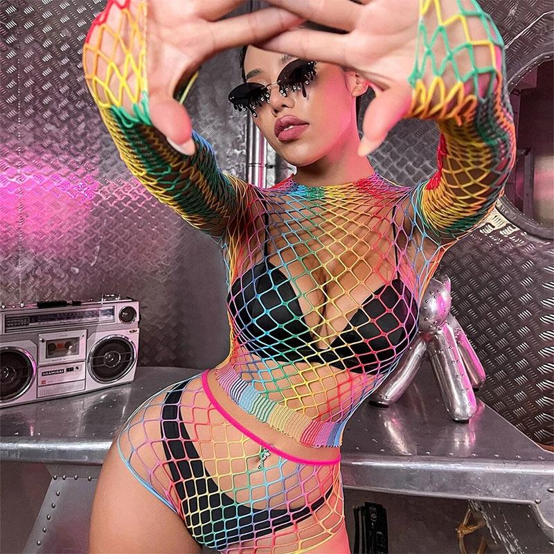 Сексуальный женский костюм с длинными рукавами, цветной сетчатый костюм, эротическое нижнее белье, полое сексуальное сетчатое нижнее белье, экзотические костюмы