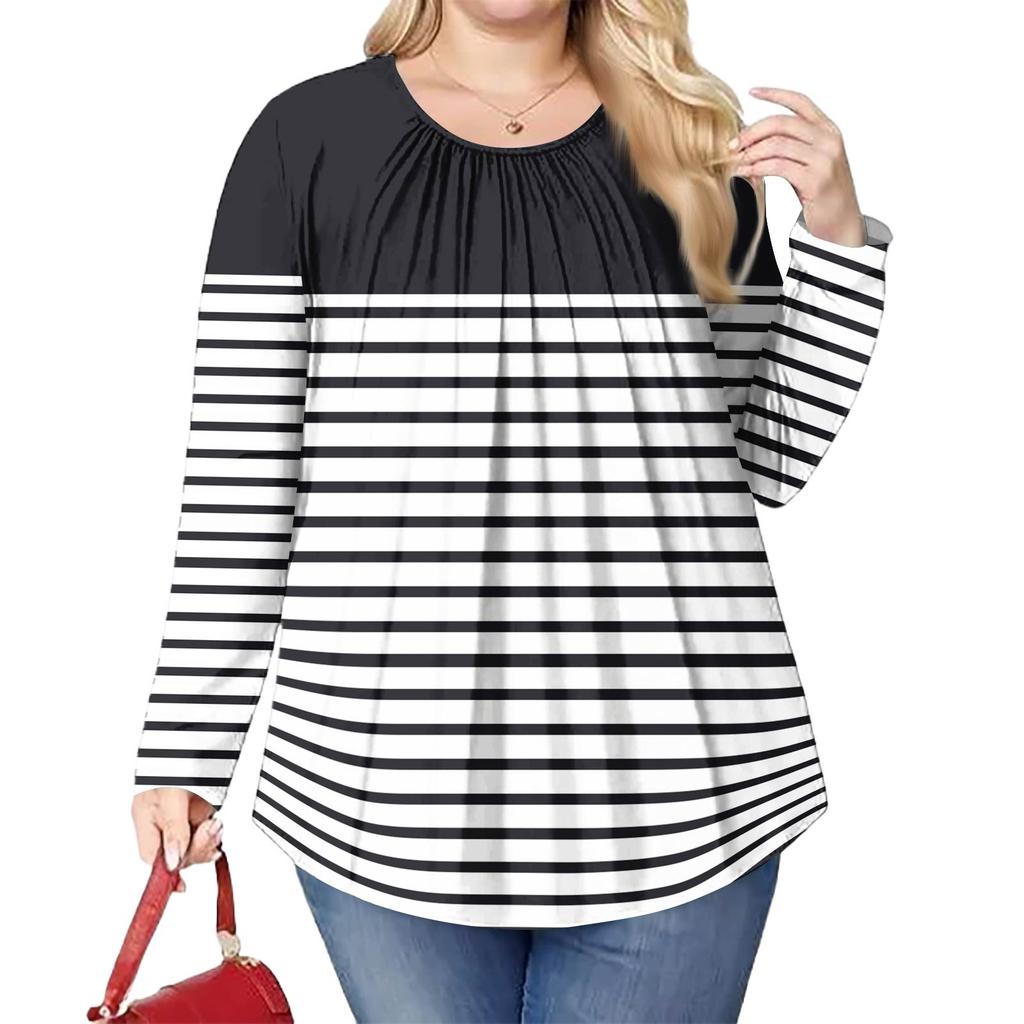 Женский модный топ большого размера с принтом, повседневный плиссированный, с круглым вырезом и длинными рукавами