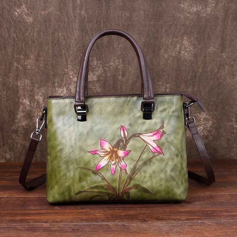 Johnature Retro Woman's Handbag Hand Painted Genuine Leather Women Shoulder Bags Leisure Floral Cowhide Messenger Bag
