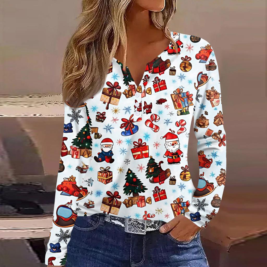 Women's T Shirt Tee Christmas Printed Button Long Sleeve Tunic Daily Weekend Fashion Basic V- Neck Regular Top