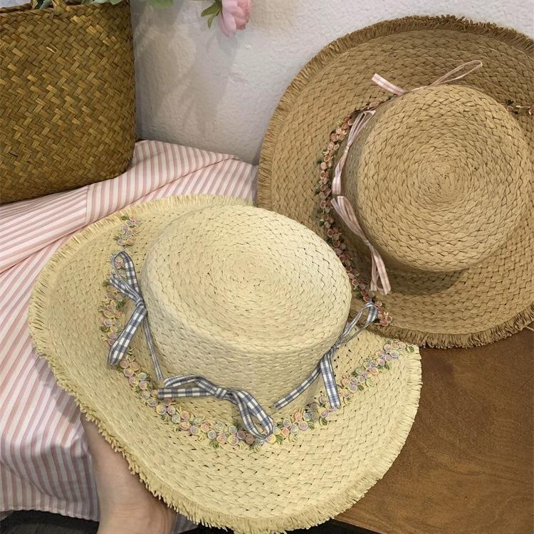 French bow flower flat top straw hat women's summer seaside beach vacation big brim sunshade sun hat