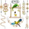 8Pcs/set Finches Parrot Stand Parrot Swing Hanging Toy Natural Wood Bell Standing Shelf Rope Ladder