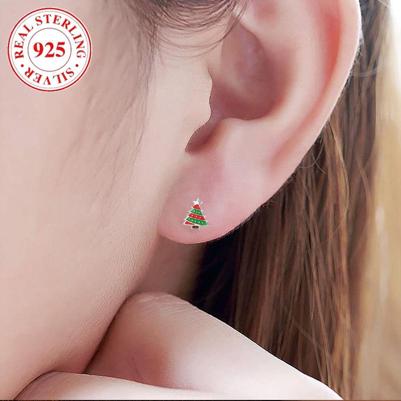 S925 Sterling Silver Christmas Tree Epoxy Stud Earrings for Women