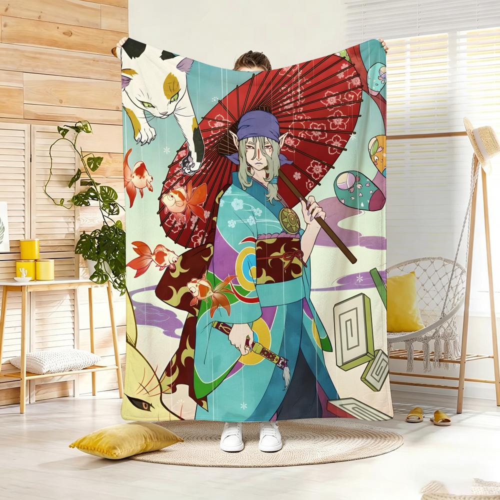 Ukiyo e style Yokai Anime M-Mononokes Throw Lightweight 240g Flannel Blanket Soft Skin-friendly for Summer Cooling