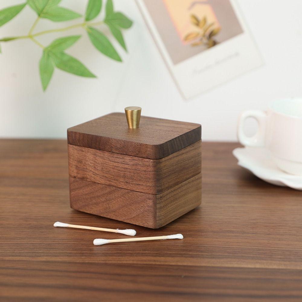 Walnut wood Desktop Toothpick Box with Cover Dental Floss Box Storage Box Cotton Swab Jar Home