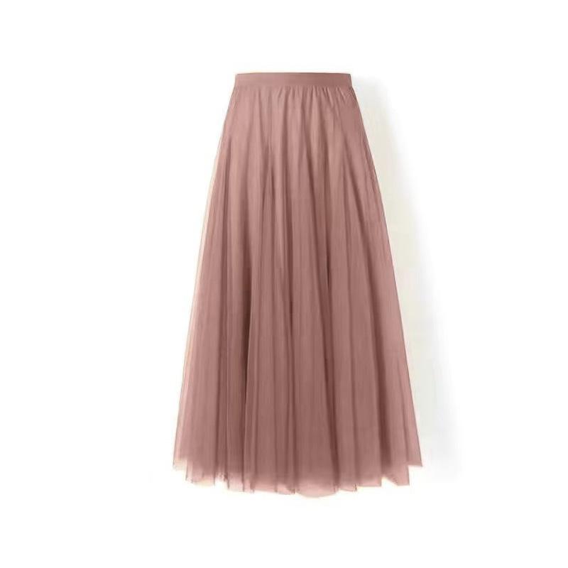 1PC A-line Midi Skirt Women Mesh Tulle Many Colors With Lining Spring Skirt Summer High Waisted Solid Color