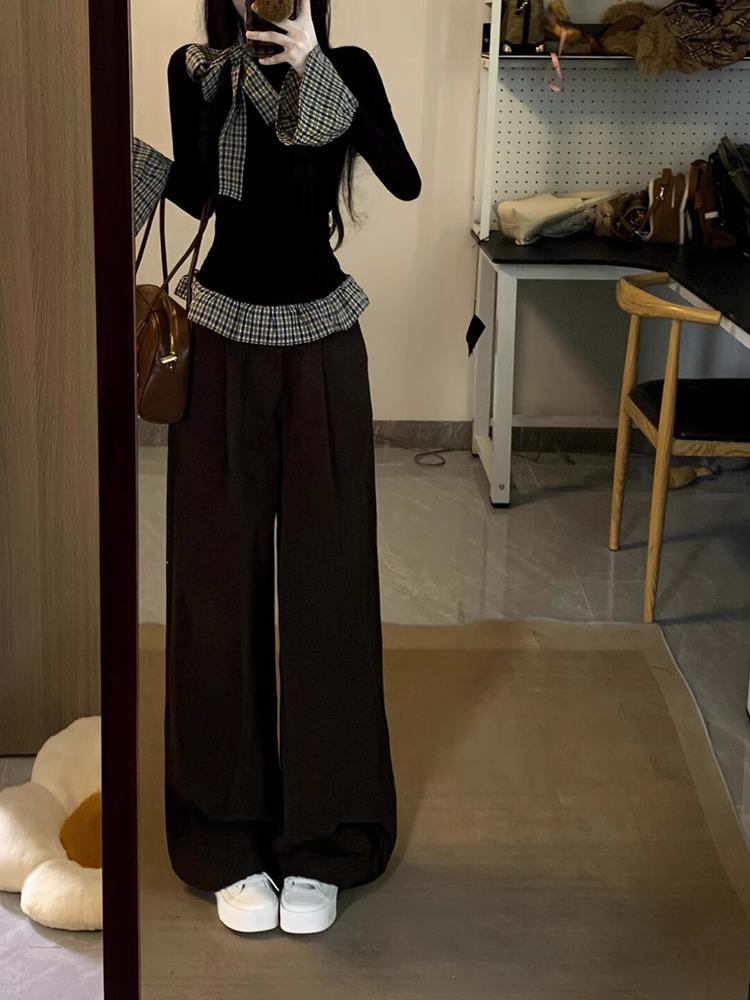 Клетчатый бант, двухслойный женский топ с длинным рукавом, приталенного кроя, на все сезоны