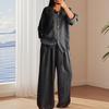 Women's Cotton Linen 2 Piece Outfit Casual Long Sleeve Button Down Drawstring Hem Blouse And Wide Leg Pants Lounge Set