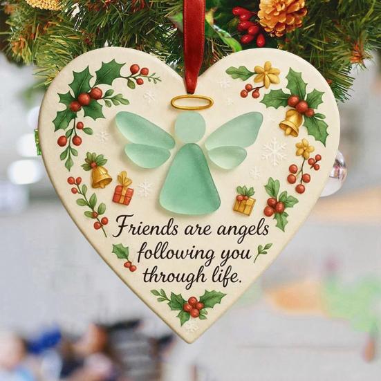 Heart-Shaped Sea Glass Friendship Ornament Handmade Sea Glass Angel/Ghost Ornament for Christmas Tree Timeless Friendship Keepsake