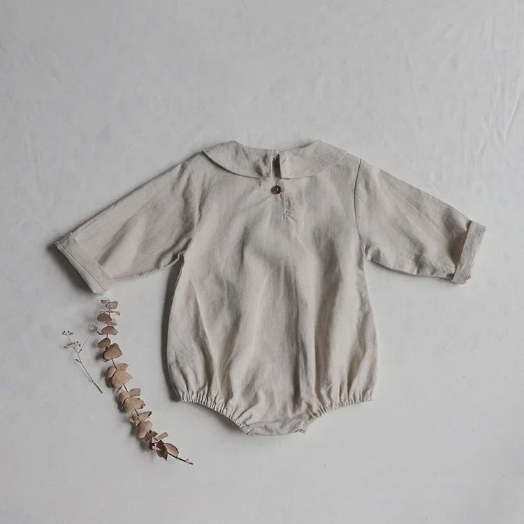 Autumn Linen Double-Breasted College Style Long-Sleeve Bodysuit for Babies
