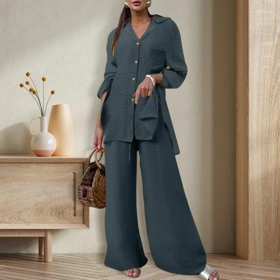 Женский комплект из 2 шт./компл., рубашка, брюки, однотонный, с отложным воротником, с длинным рукавом, средней длины, с широкими штанинами, с эластичной резинкой на талии, свободные брюки, одежда для поездок на работу, блузка