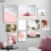 Pink Sea Beach Bus Girl Palm Tree Landscape Wall Art Canvas Painting  & Prints Wall Pictures For Living Room DecorNordic Posters
