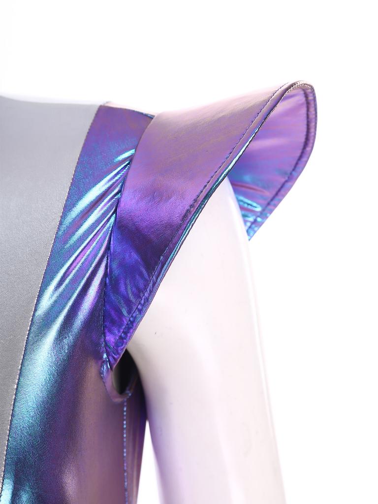 Womens Metallic Iridescent Alien Jumpsuit Fly Sleeve Leggings Unitard Space Cosplay Costume