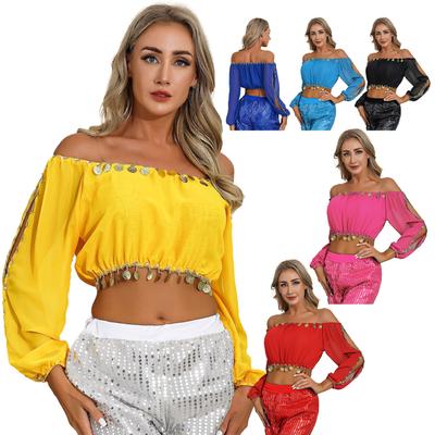 Женская одежда для индийских танцев, сексуальный укороченный топ с открытыми плечами, пышными рукавами и кисточками, шаль на шнуровке, костюм для танца живота