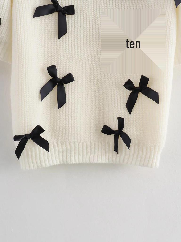 2025 Весна/Лето Женский Повседневный Однотонный Свитер с Круглым Вырезом и Коротким Рукавом-Фонариком