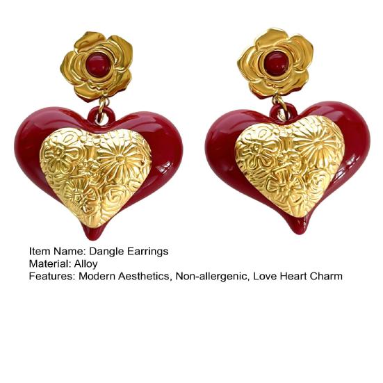 Red Heart Dangle Earrings Love Heart Dangle Drop Earrings with Flowers Women Hypoallergenic Artistic Earrings for Dating Party