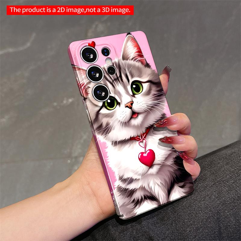 2DFlat Samsung phone case Cute Cat with Heart Pendant on Pink Background Applicable to Galaxy S23 S24 S25ULTRA S26 A12 A14 A15 A16 A54 A55