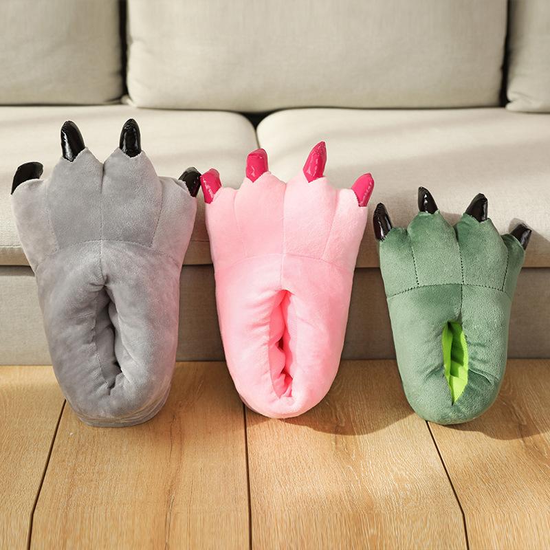 Зимние хлопковые тапочки с изображением лапы динозавра и тигра, мультяшная пара, теплая обувь на каблуке для мужчин и женщин, домашняя детская обувь с изображением монстров