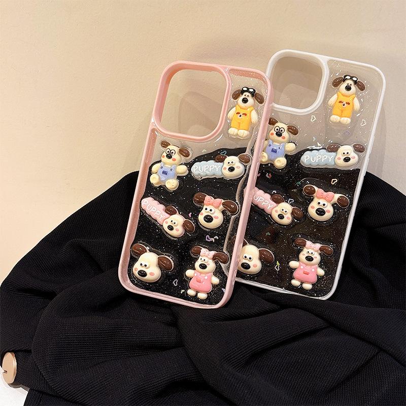 Cartoon Puppy Phone Case for IPhone16Promax Transparent Glue for Apple 15 Sequin 17 Female Model Ins