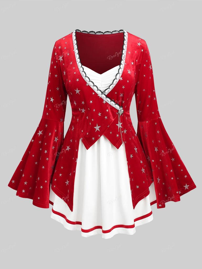 Rosegal Plus Размер Рождественская футболка с рюшами и кружевной отделкой серебряной штампованной звездой и рукавами-колокольчиками