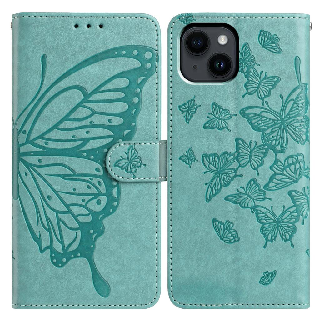For iPhone 14 Case Butterfly Imprinted Wallet Stand PU Leather Flip Phone Cover with Strap
