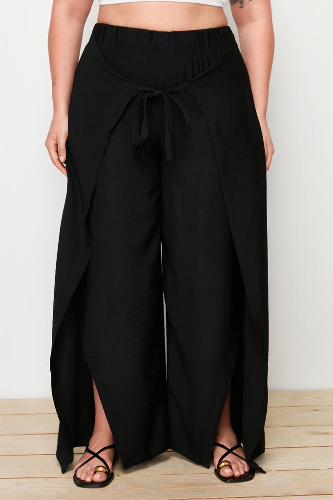 Women's Style Plus Size Pants Black Wrap Closure Detailed Beach Textile Woven Trousers