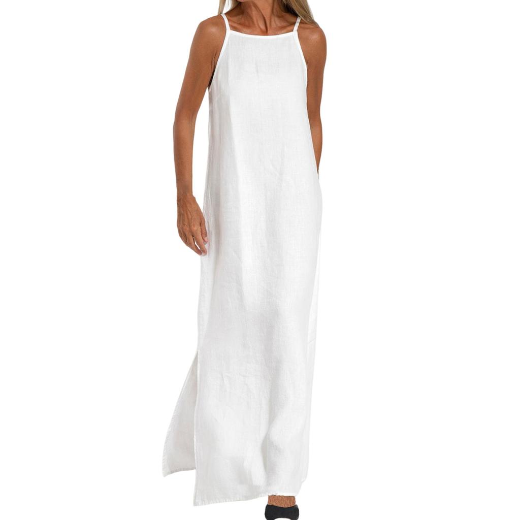 Женские модные повседневные свободные платья из хлопка и льна с разрезом без рукавов