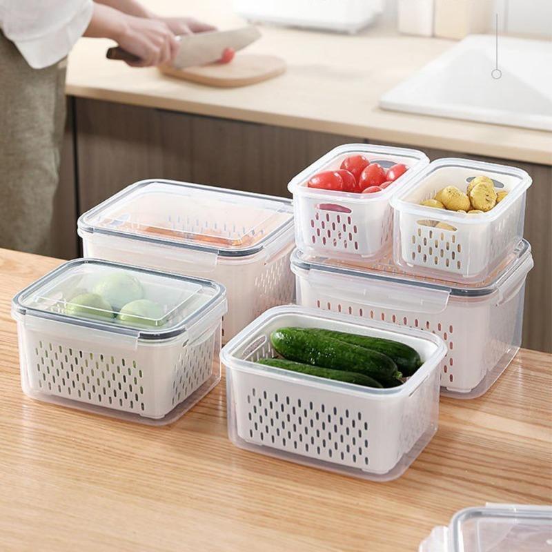 Fridge Storage Box Refrigerator Fresh Vegetable Fruit Boxes Drain Basket Storage Containers with Lid Kitchen Tools Organizer