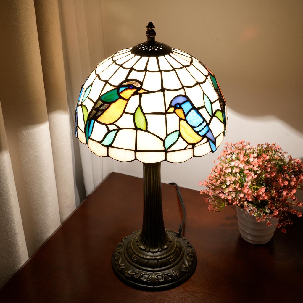 Vintage stained Glass Lampshade Desk Lamp - Robin Series Retro Art Deco Reading Study Bedroom Decorative Lighting
