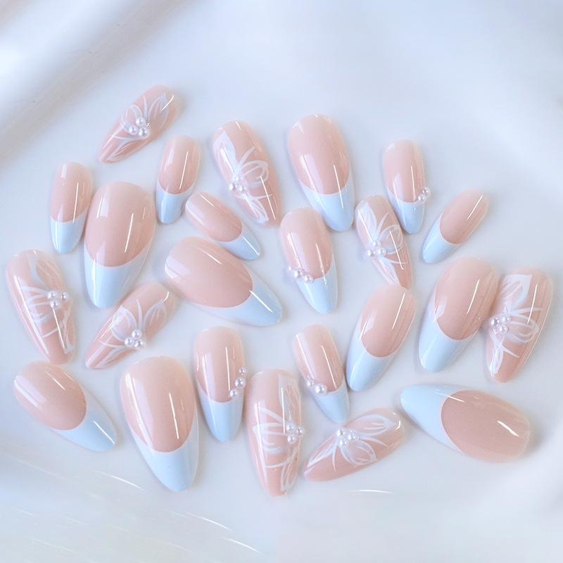 European And American Manicures Are Simple, Small, Fresh, Light Blue French Butterfly Pearl Long Almond Armor