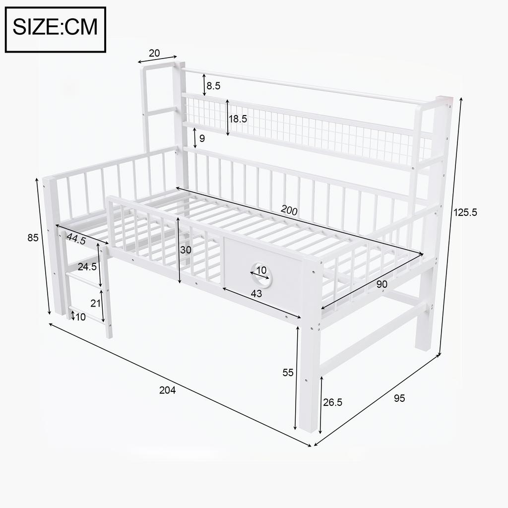 Children's bed 90*200cm, low loft bed with metal frame and storage compartments, suitable for children and teenagers. White