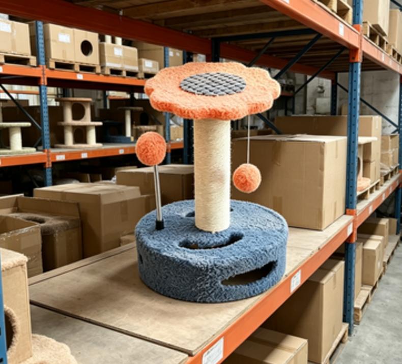 Two-tone Floral Cat Tower with Flower Perch, Sisal Scratcher Cave Base & Spring Hanging Pom-pom Toys Relieve Cat Boredom