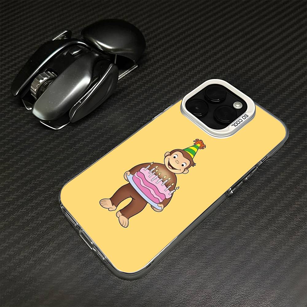 Curious George Monkey Phone Case For iPhone17,16,15,14,13,12,11 Plus,Pro Silver White Matte Shockproof Cover