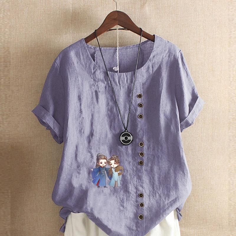 Женская мода, старинный костюм, напечатанный круглый вырез, короткий рукав, футболка, повседневная, хлопковая, льняная, с рисунком, свободная, летняя блузка, топы