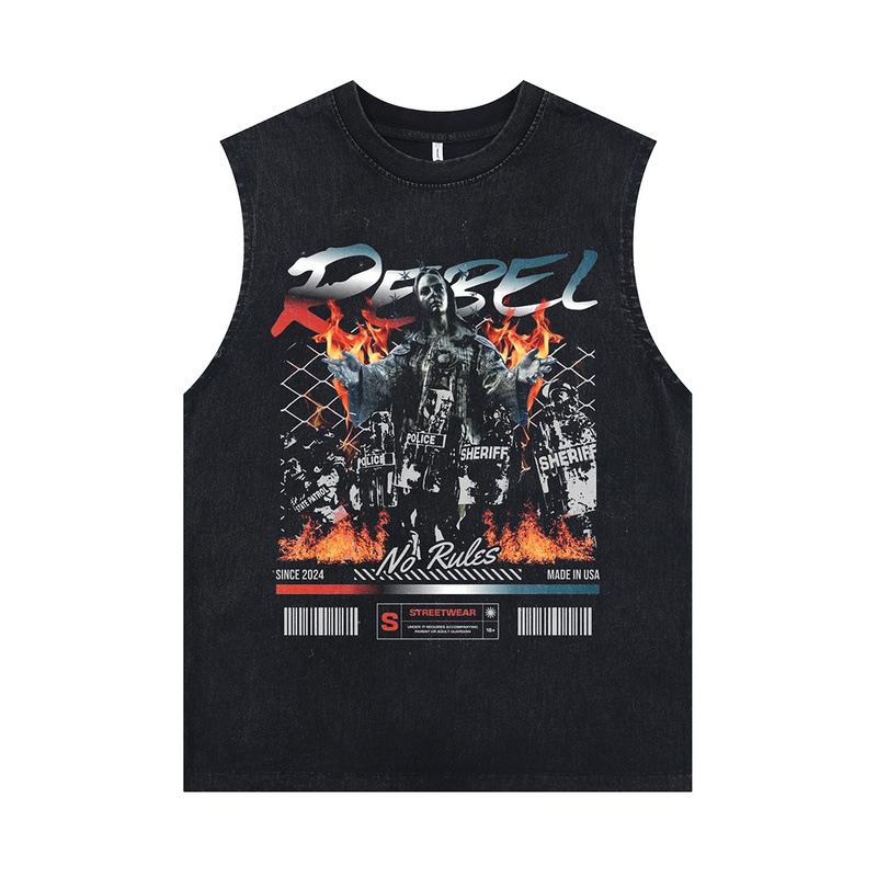 European And American High Street Punk Rock Print Washed Old Oversize Sleeveless T-Shirt Men'S Vest