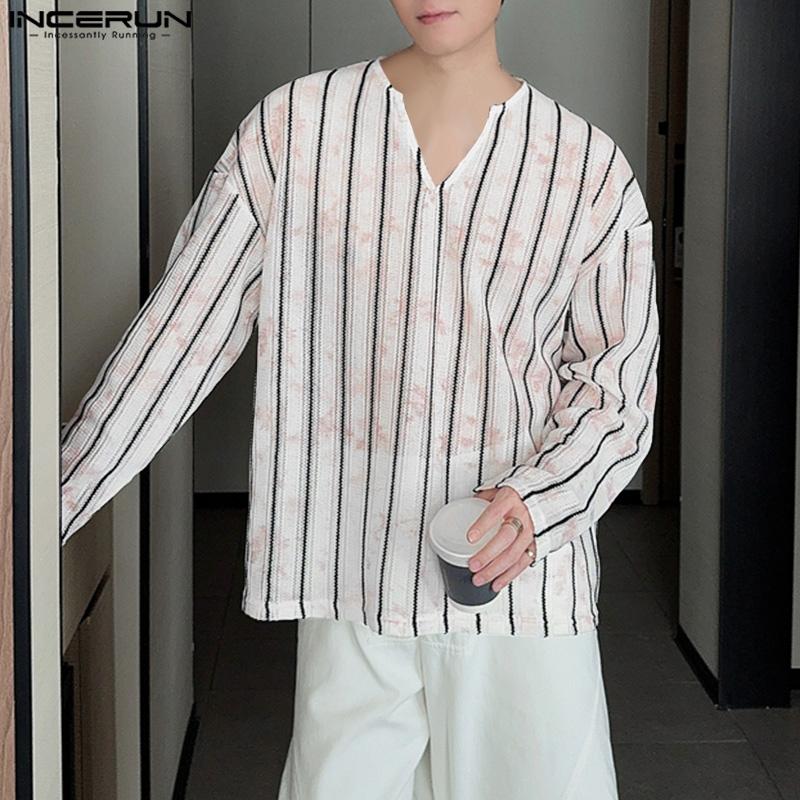 INCERUN Мужские топы и футболки с длинным рукавом, в полоску, крючком, с ажурной полупрозрачной текстурой