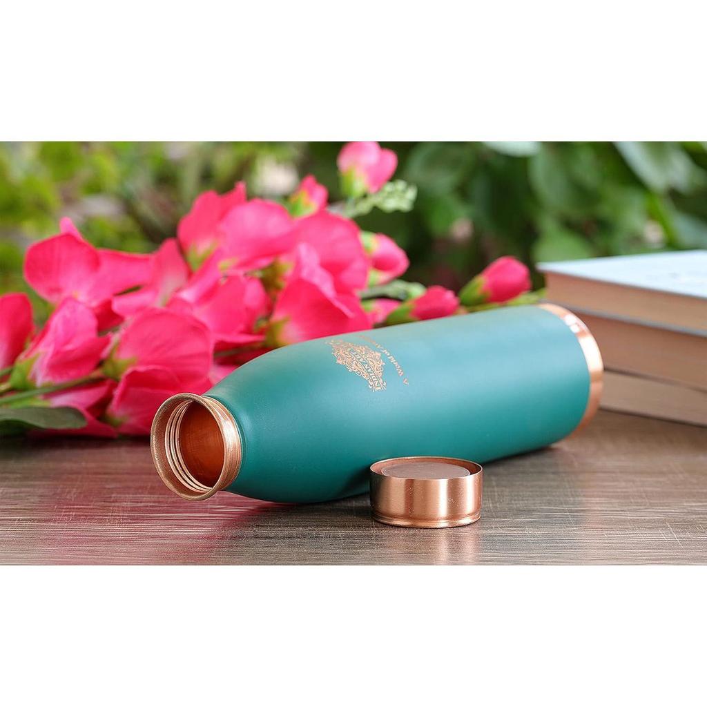 Pure Copper Lacquer Coated Green Silk Finish Water Bottle, Drinkware & Storage Purpose, Ayurvedic Health Benefits, Volume-900 ML - Pack of 1