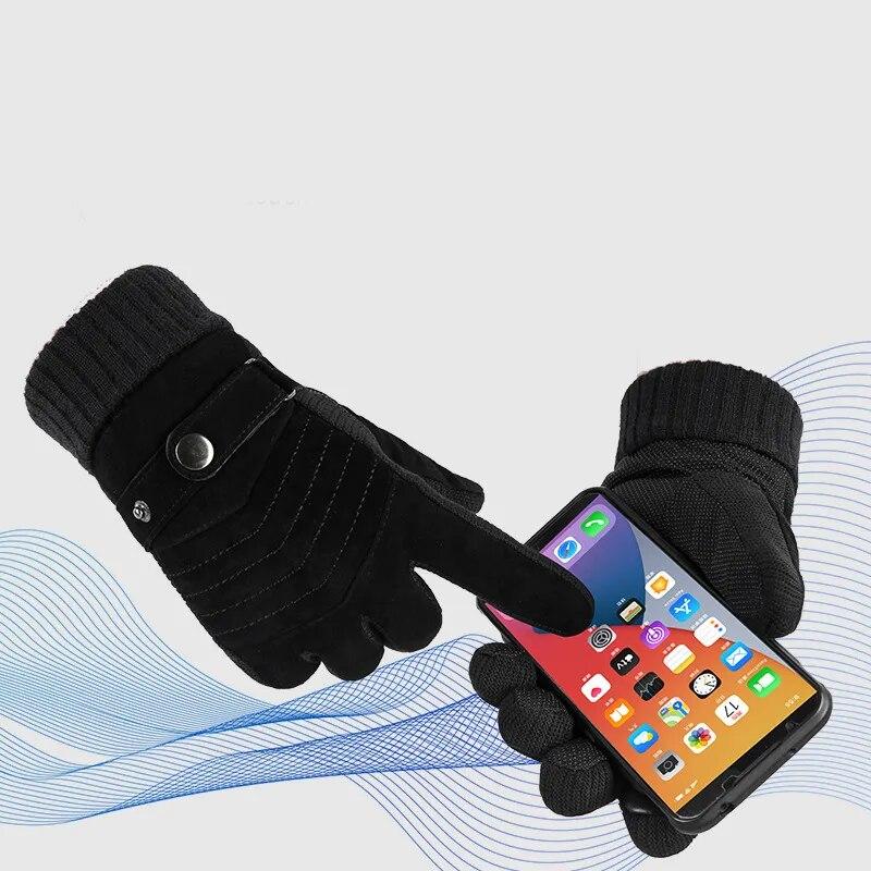 Gloves Men's Winter Cycling Motorcycle Windproof Cold Insulation Warm Leather Touch Screen Anti-Slip Thick Pile