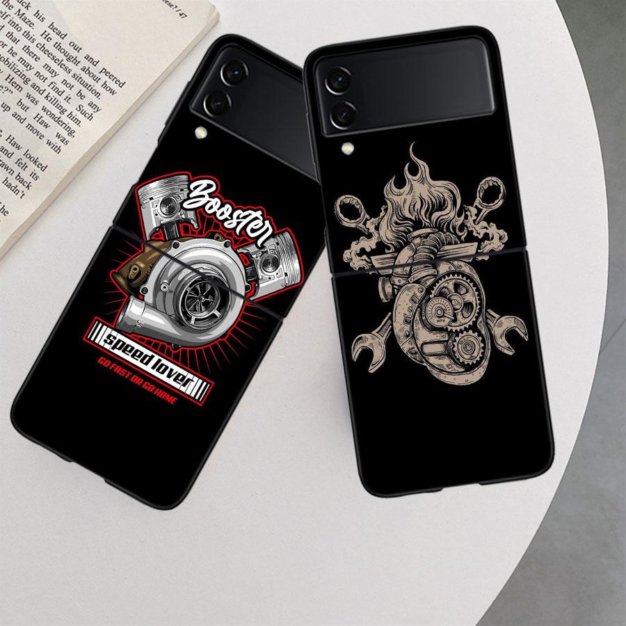 Car Parts Auto Mechanic Phone Case For Samsung Z Flip 7 6 5G Galaxy Z Flip 5 4 3 Black Hard Cell Cover Luxury PC Shell Coque