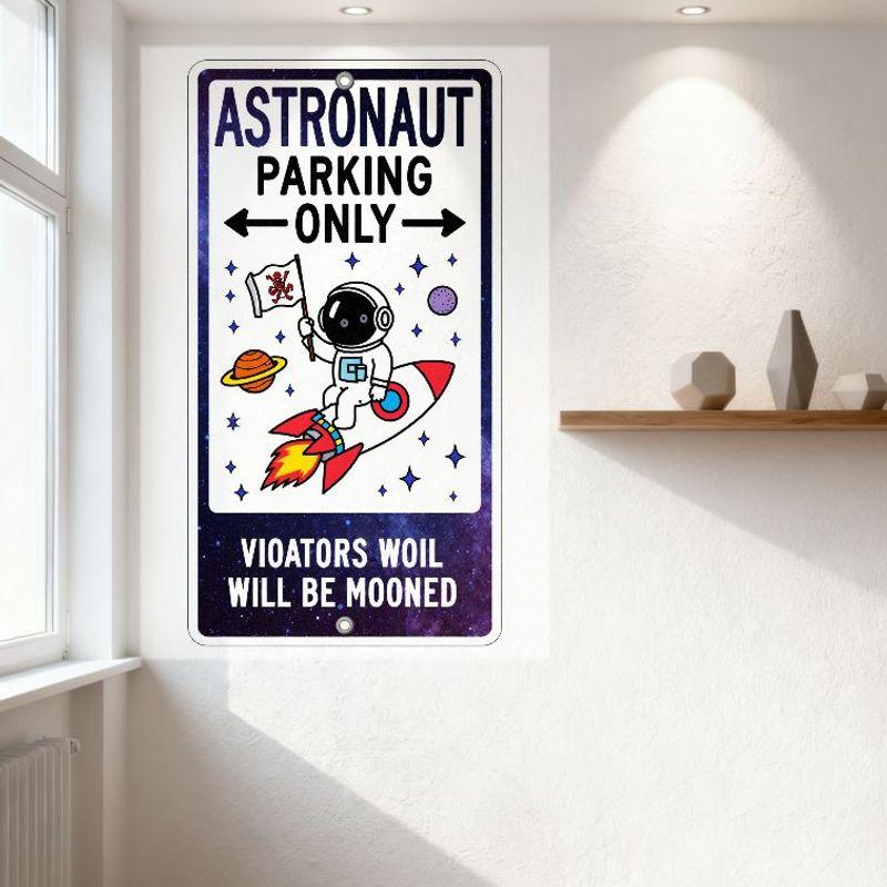 Astronaut Parking Only Metal Tin Sign with Cosmic Pattern, Funny 'Violators Will Be Mooned' Space Themed Sign for Home Bar Man C