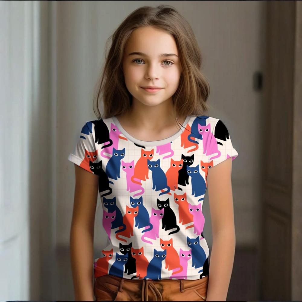 Девочка Одежда Лето Мультяшный Кот Графика Детская Одежда Рисование Короткий Рукав Круглый Вырез Топ