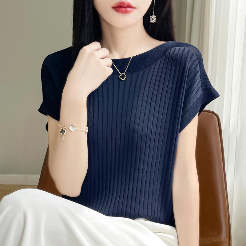 Модный женский свитер с вырезом-лодочкой из ледяного шелка, весна-лето, вязаный свитер, свободные повседневные рубашки, трикотажные изделия с коротким рукавом