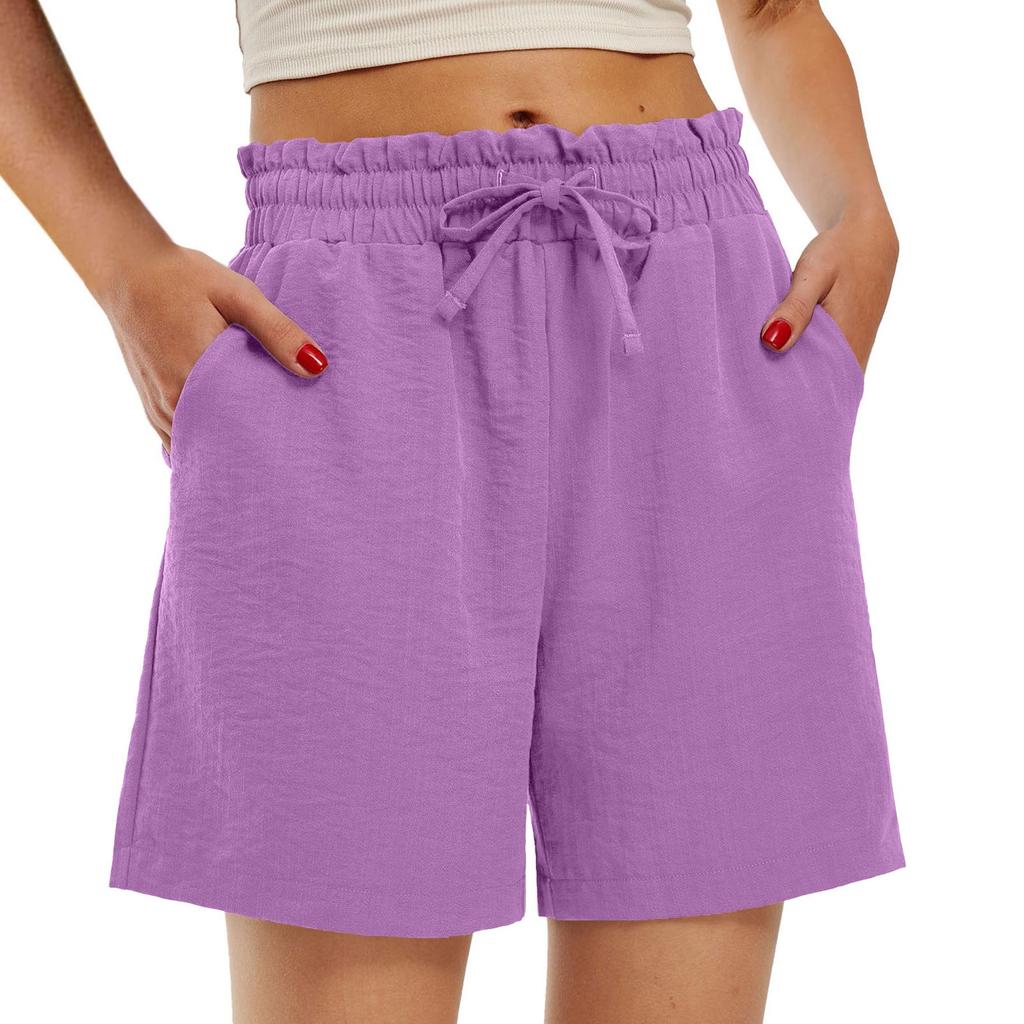 Women's Fashion Loose High Waist Drawstring Solid Color Small Pocket Casual Shorts