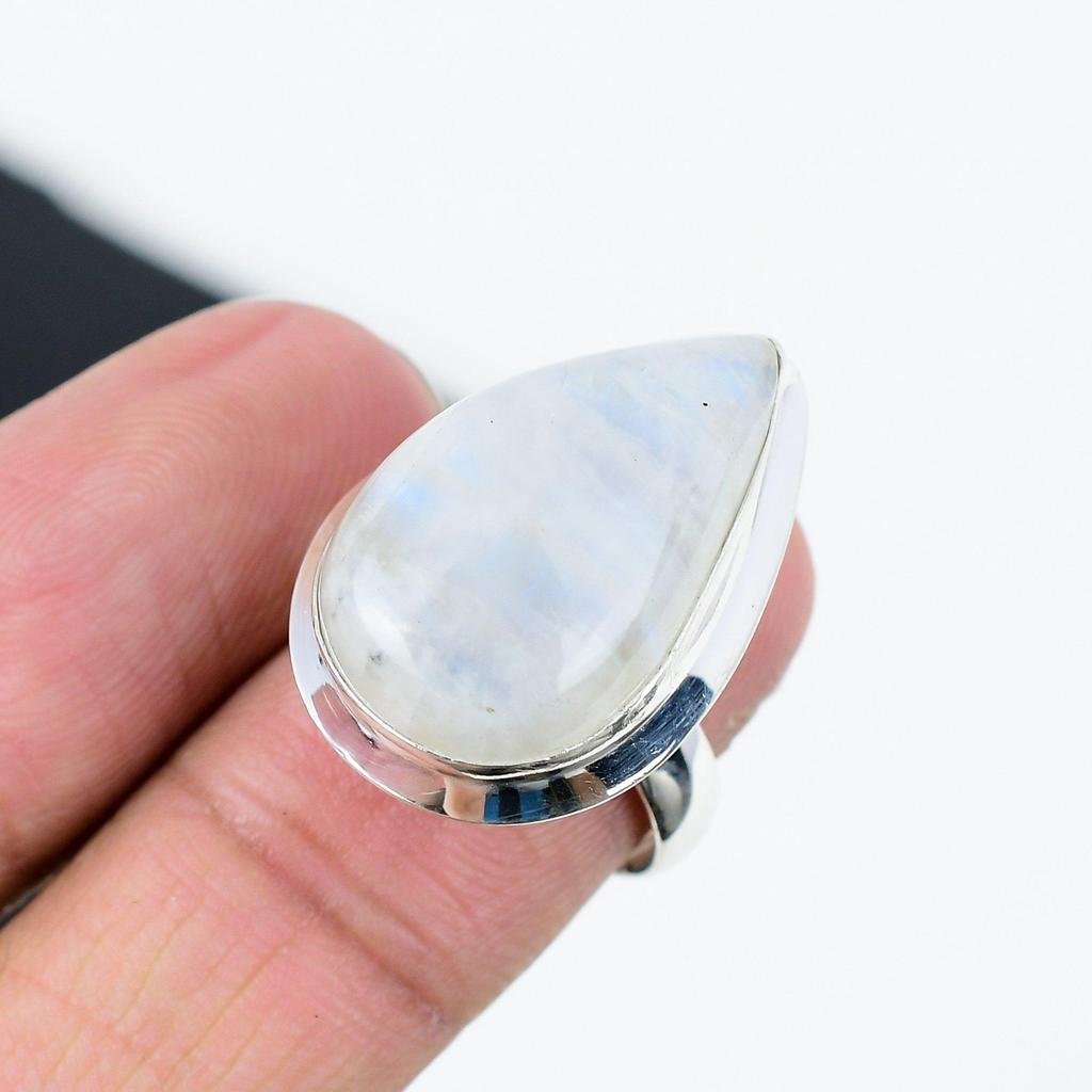 Natural Rainbow Moonstone Adjustable 925 Sterling Silver Ring - Fits US Sizes 6 To 11 - Handmade Boho Jewelry for Women & Men, Birthday GIfts
