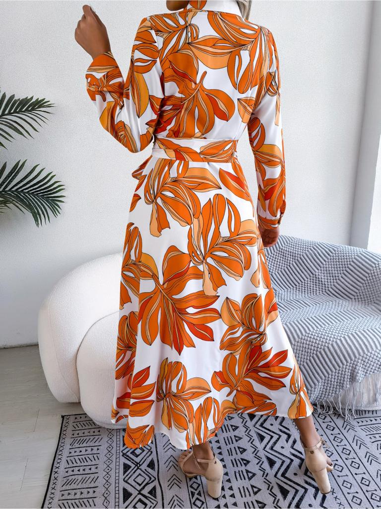 Turndown Collar Printing Button Dress High Waist Elegant Shirt Dress for Women Long Sleeve Loose Dresses Causal Dress