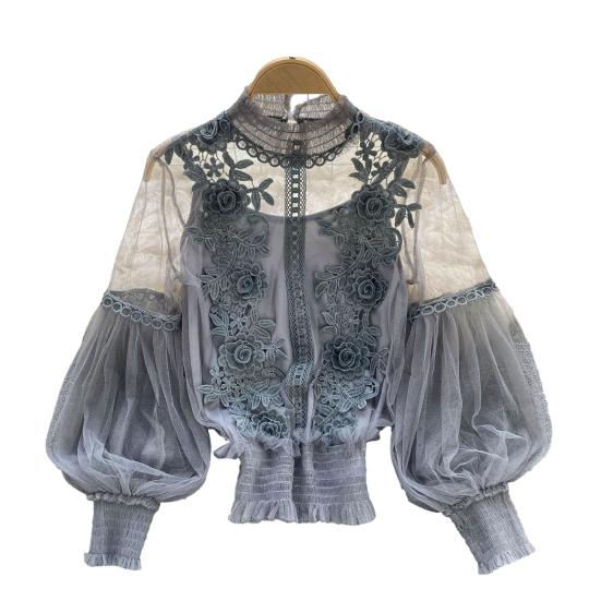 Женская праздничная рубашка с цветочной аппликацией, прозрачная сетка с рукавами-фонариками, тонкая кружевная гофрированная эластичная манжета, круглая