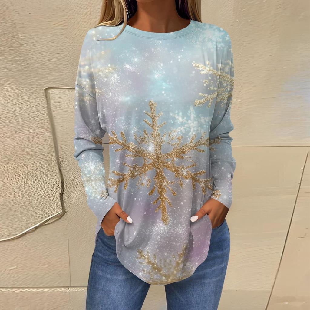 Женская свободная футболка с круглым вырезом и длинными рукавами с принтом в стиле ретро, пуловер на Рождество