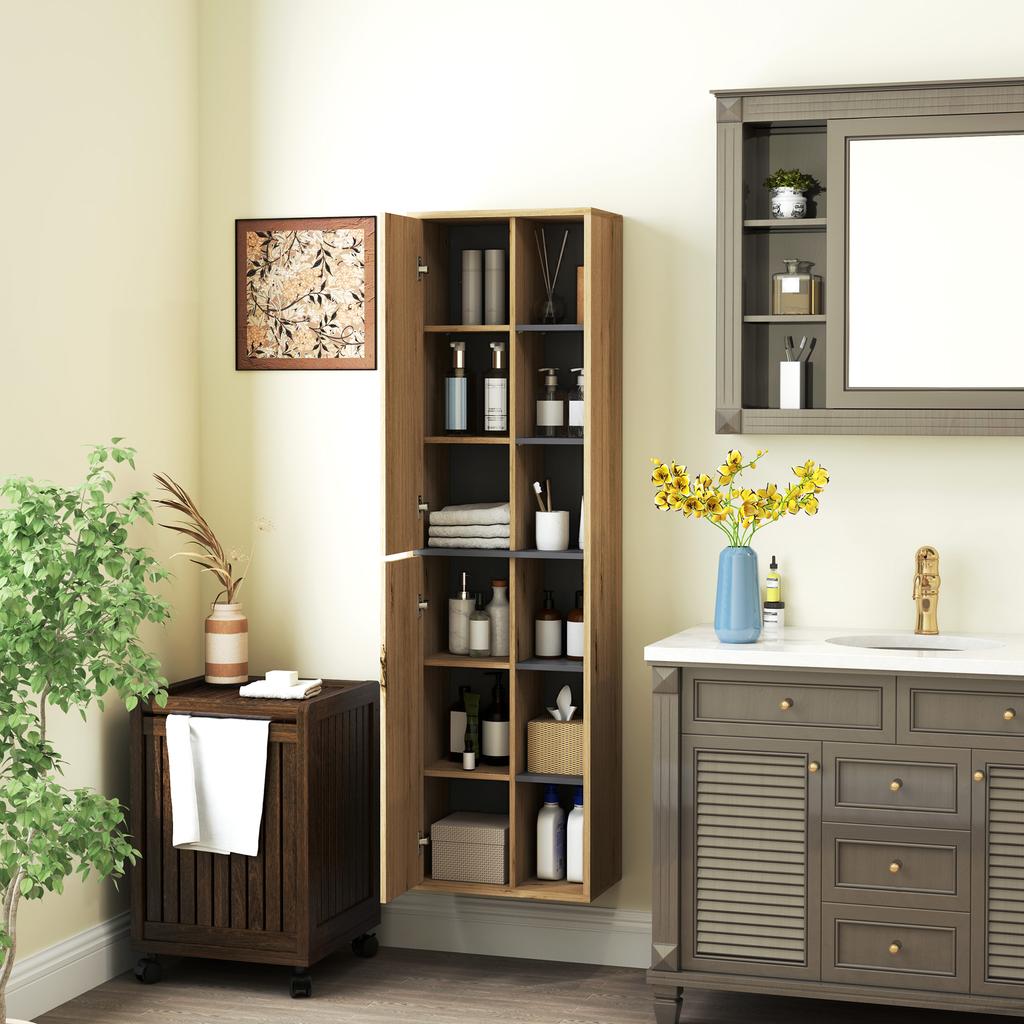 Wall Mounted Bathroom Column Cabinet With Open Compartments And 2 Doors 40x24x141.5 Cm Natural